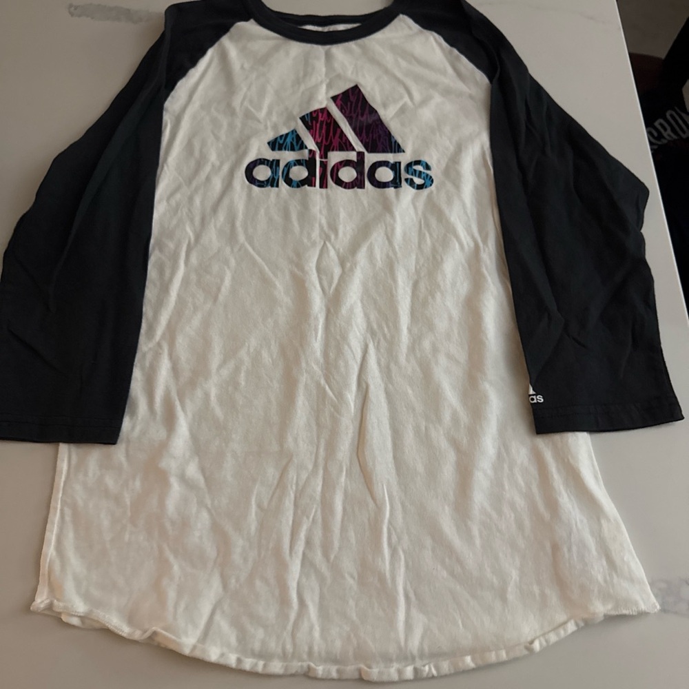 adidas White & Black Raglan Tee with Multicolor Logo